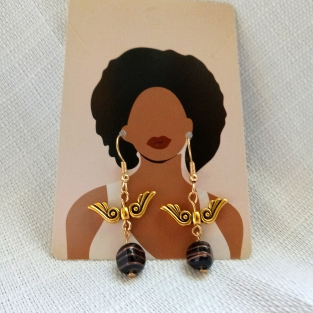 Wings Charm and Black and Gold Bead Dangle Earrings